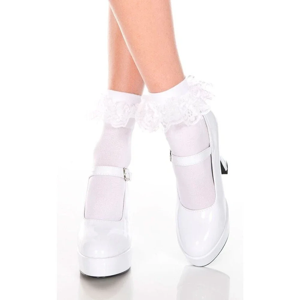 Lot of 2 Music Legs Ankle Socks with Ruffle Trim, Black & White, One Size